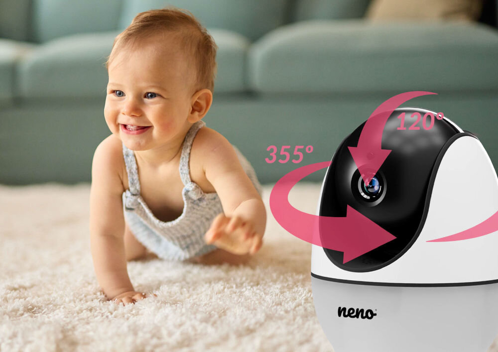 Na obrazie widać dziecko raczkujące po dywanie oraz elektroniczną nianię z logo \'neno\'. Niania ma oznaczenia kątów obrotu: 355° i 120°.