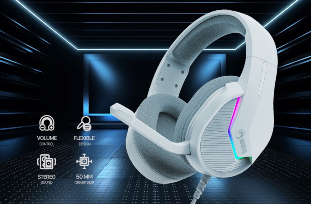 Słuchawki MARVO H8618 Tactic 40 - Wygoda przez wiele godzin, słuchawki pod skosem na neonowym tle