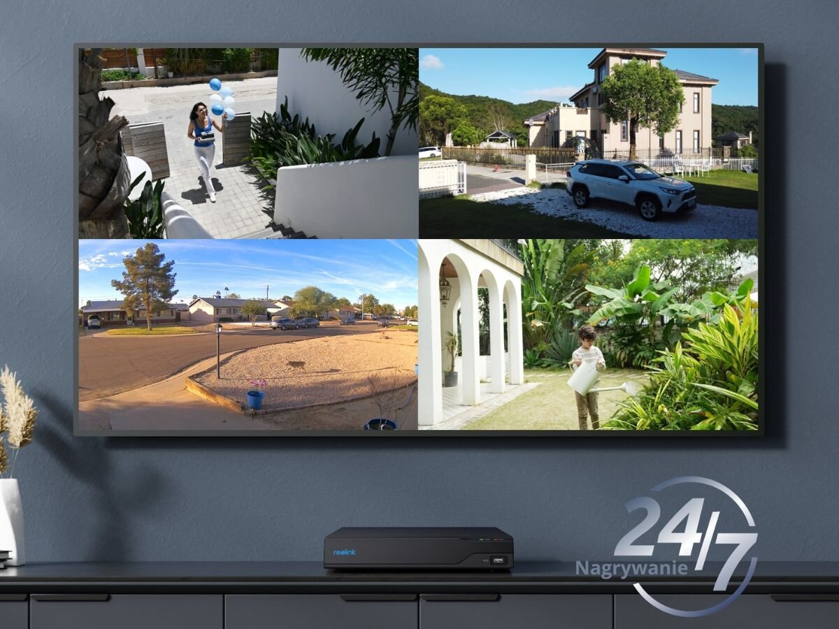 Rejestrator REOLINK NVS4 - Duża pojemność, rejestrator położony na komodzie, telewizor powieszony na ścianie z włączonym odczytem z kamer