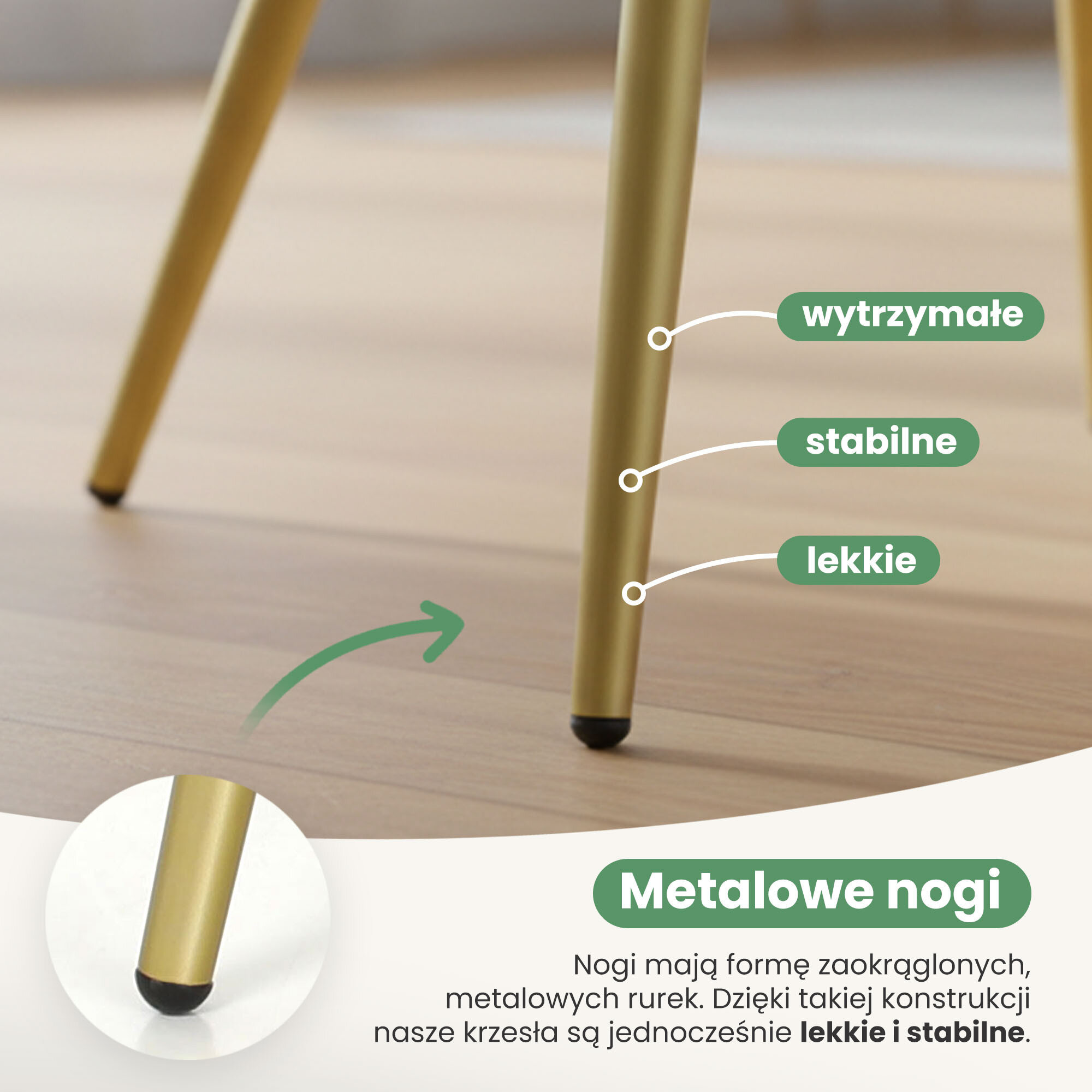 Obraz przedstawia złotą, metalową nogę krzesła na drewnianej podłodze z opisami: \'wytrzymałe\', \'stabilne\', \'lekkie\'. Na dole znajduje się tekst: \'Metalowe nogi. Nogi mają formę zaokrąglonych, metalowych rurek. Dzięki takiej konstrukcji nasze krzesła są jednocześnie lekkie i stabilne.\'
