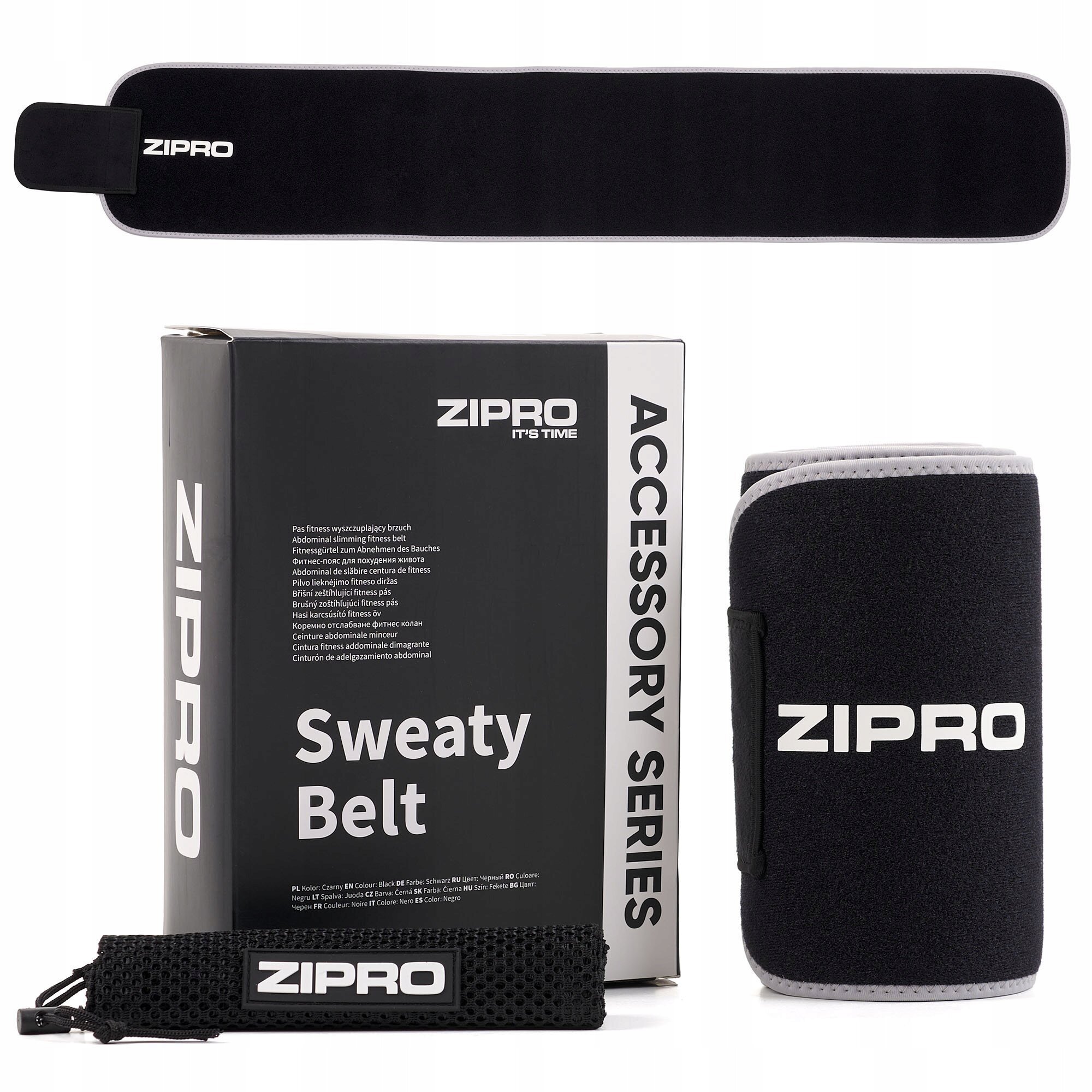 Na obrazie widoczny jest czarny pas neoprenowy z białym napisem \'ZIPRO\', opakowanie z napisem \'ZIPRO Sweaty Belt\', oraz zwinięty pas z tym samym logo. Wszystkie elementy są w kolorze czarnym z białymi napisami.