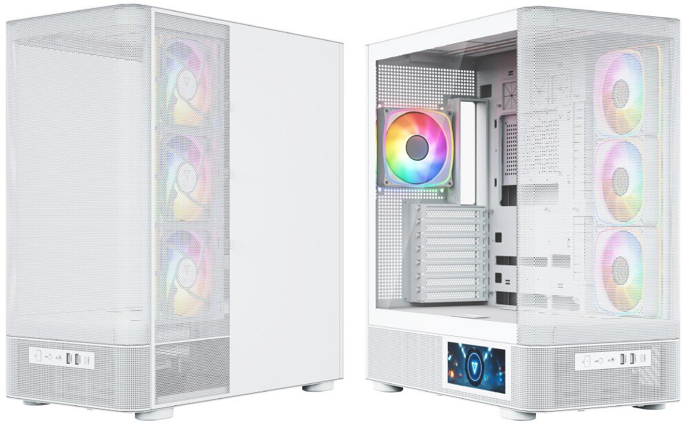 Obudowa MODECOM Volcano AQ 400 ARGB Midi Dwa ujęcia obudowy komputerowej prezentujące perforowane panele boczne oraz przeszkloną sekcję z widocznymi wentylatorami i ekranem LCD