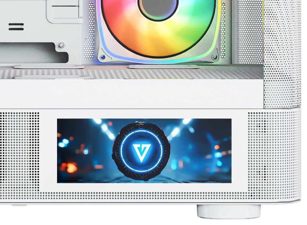 Obudowa MODECOM Volcano AQ 400 ARGB Midi Zbliżenie na ekran LCD w dolnej części obudowy wyświetlający niebieski logotyp obok wentylatora z wielokolorowym podświetleniem