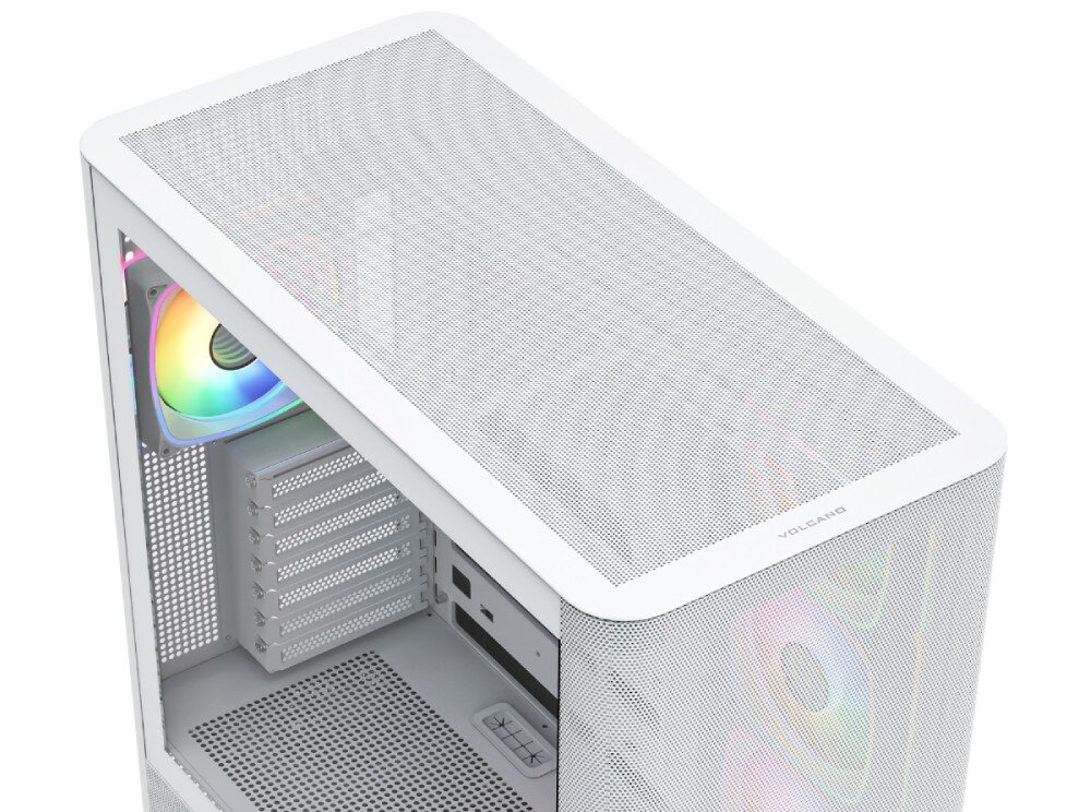 Obudowa MODECOM Volcano AQ 400 ARGB Midi Widok z góry na wnętrze obudowy z czterema podświetlonymi wentylatorami i siatkowym panelem górnym