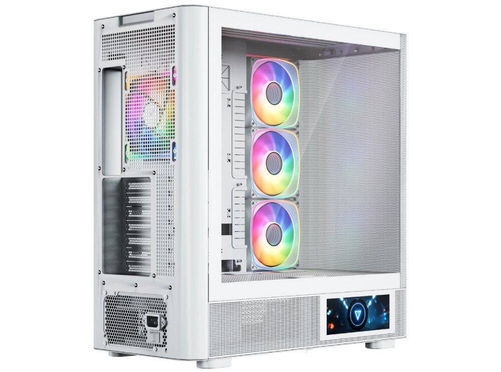 Obudowa MODECOM Volcano AQ 400 ARGB Midi Tył obudowy komputerowej z widoczną perforacją, miejscami na porty płyty głównej, siedmioma slotami rozszerzeń i wnęką na zasilacz