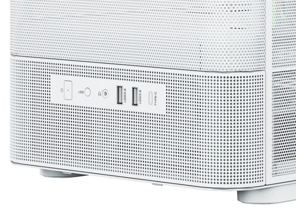 Obudowa MODECOM Volcano AQ 400 ARGB Midi Zbliżenie na panel boczny z przyciskiem zasilania, przyciskiem sterowania oświetleniem, gniazdem audio oraz trzema portami USB