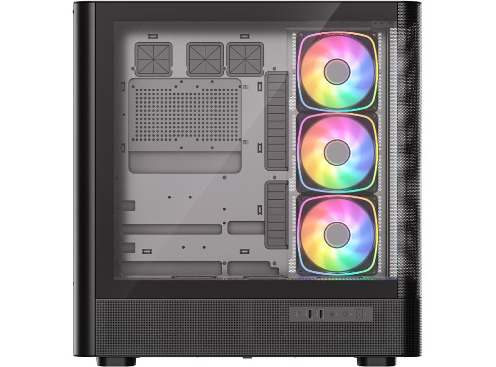 Obudowa MODECOM Volcano AQ 500 ARGB Midi Widok przez szklany panel boczny na wnętrze obudowy z trzema kolorowo podświetlonymi wentylatorami