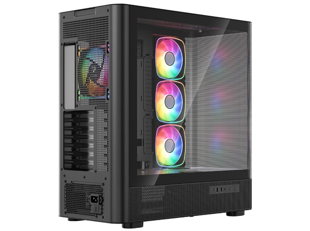 Obudowa MODECOM Volcano AQ 500 ARGB Midi Obudowa komputerowa widziana od tyłu z widocznymi miejscami na złącza płyty głównej, zasilacz i zaślepki kart rozszerzeń