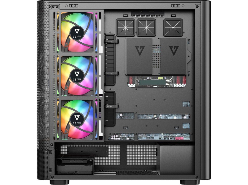 Obudowa MODECOM Volcano AQ 500 ARGB Midi Wnętrze obudowy od strony serwisowej z systemem rzepów do organizacji kabli i trzema wentylatorami bocznymi