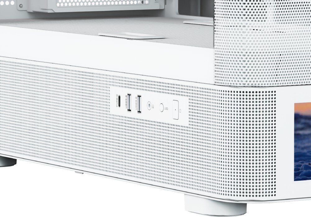 Obudowa MODECOM Volcano AQ 500 ARGB Midi Zbliżenie na zewnętrzny panel z portami USB typu C, USB 3.0, gniazdem audio i przyciskami sterującymi