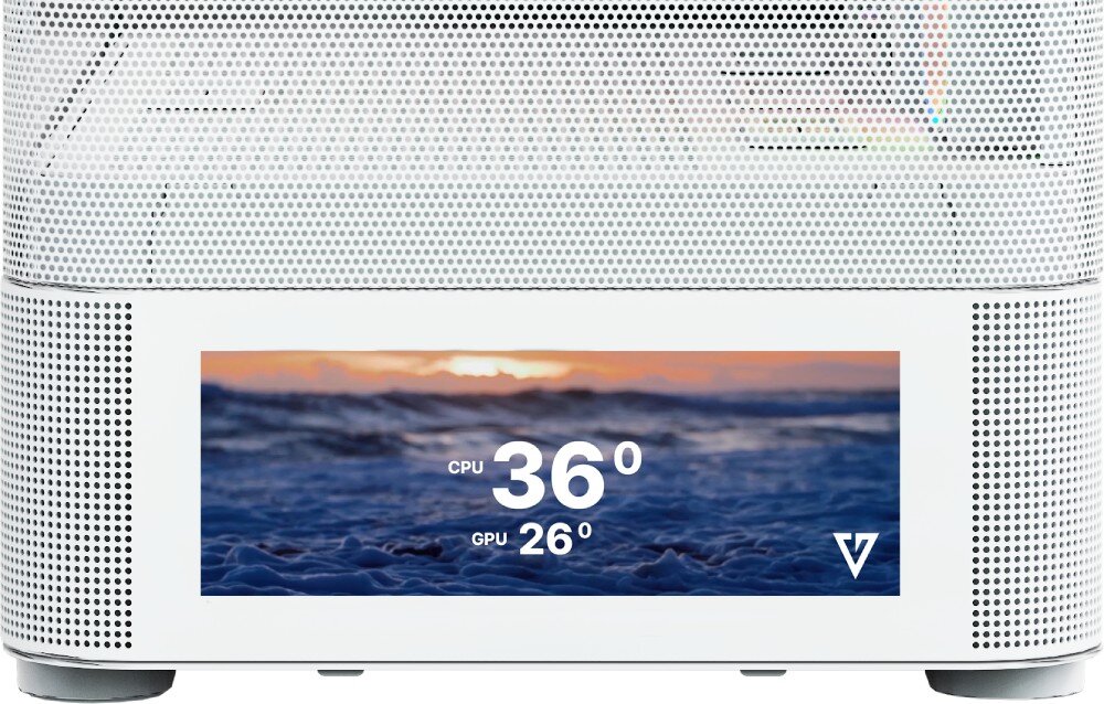 Obudowa MODECOM Volcano AQ 500 ARGB Midi Zbliżenie na prostokątny ekran LCD w dolnej części frontu obudowy wyświetlający logo 'V'