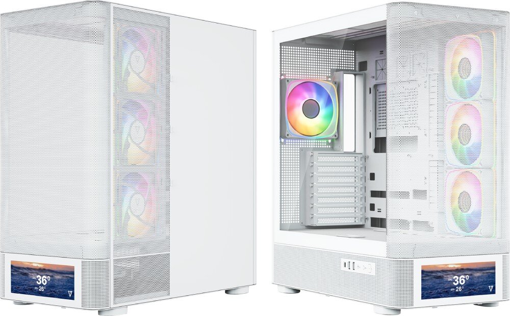 Obudowa MODECOM Volcano AQ 500 ARGB Midi Dwa ujęcia obudowy komputerowej prezentujące perforowany front oraz przeszklony bok z widocznymi podzespołami