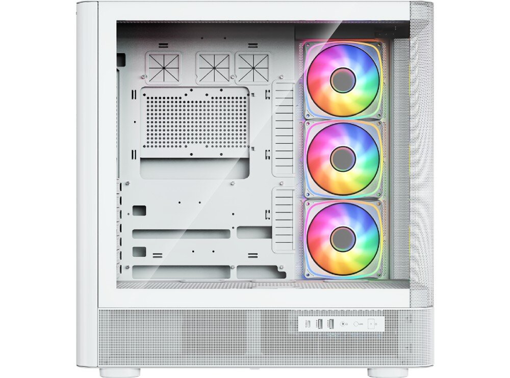 Obudowa MODECOM Volcano AQ 500 ARGB Midi Widok przez szklany panel boczny na wnętrze obudowy z trzema kolorowo podświetlonymi wentylatorami