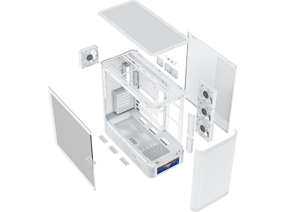 Obudowa MODECOM Volcano AQ 500 ARGB Midi Perspektywa rozłożonej obudowy komputerowej pokazująca jej szkielet oraz wszystkie demontowalne panele i wentylatory