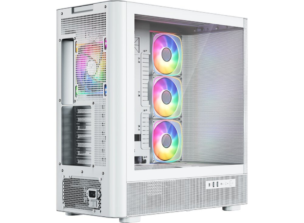 Obudowa MODECOM Volcano AQ 500 ARGB Midi Obudowa komputerowa widziana od tyłu z widocznymi miejscami na złącza płyty głównej, zasilacz i zaślepki kart rozszerzeń