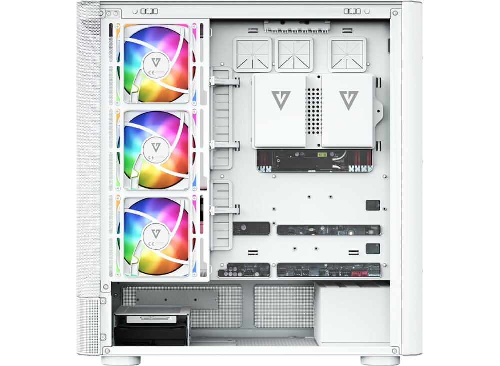Obudowa MODECOM Volcano AQ 500 ARGB Midi Wnętrze obudowy od strony serwisowej z systemem rzepów do organizacji kabli i trzema wentylatorami bocznymi