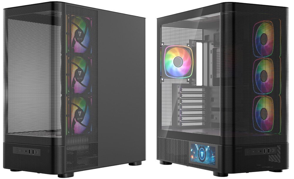 Obudowa MODECOM Volcano AQ 400 ARGB Midi Dwa ujęcia czarnej obudowy komputerowej prezentujące perforowane panele boczne oraz przeszkloną sekcję z widocznymi wentylatorami i ekranem LCD