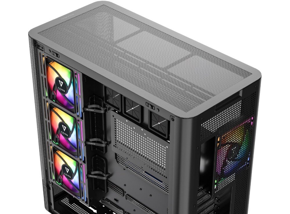 Obudowa MODECOM Volcano AQ 400 ARGB Midi Widok z góry na wnętrze czarnej obudowy z czterema podświetlonymi wentylatorami i siatkowym panelem górnym