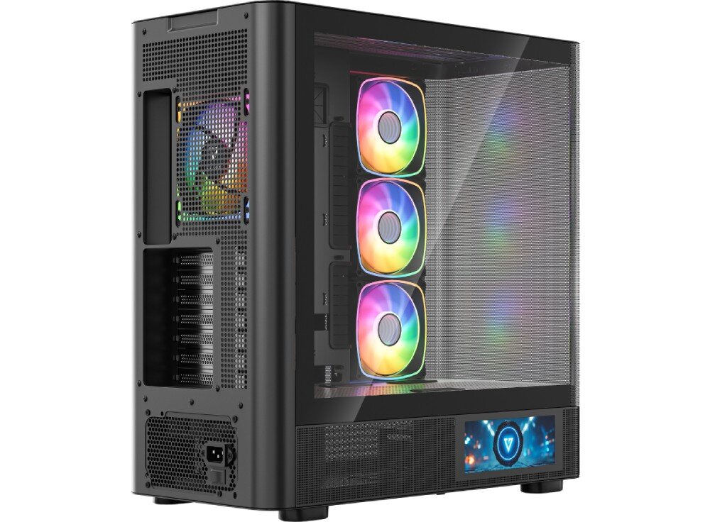 Obudowa MODECOM Volcano AQ 400 ARGB Midi Tył czarnej obudowy komputerowej z widoczną perforacją, miejscami na porty płyty głównej, siedmioma slotami rozszerzeń i wnęką na zasilacz