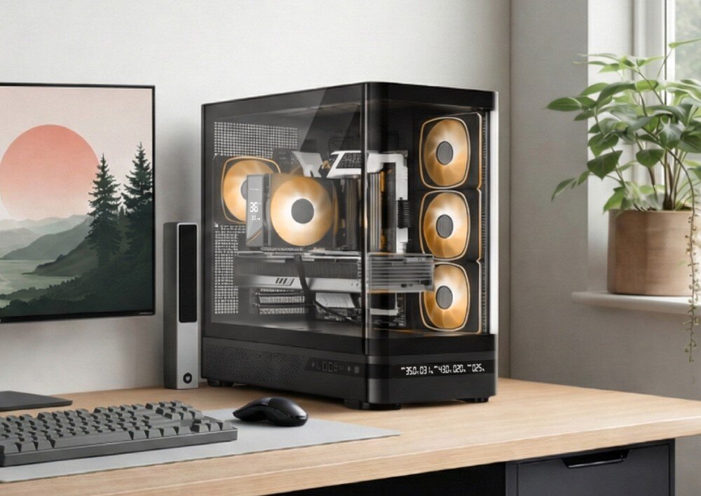 Obudowa MODECOM Volcano AQ 200 ARGB Midi Czarna obudowa komputerowa z przeszklonym przodem i bokiem stoi na biurku, prezentując podświetlone na złoto podzespoły oraz dolny wyświetlacz cyfrowy