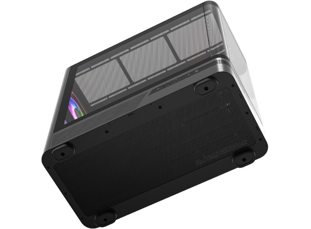 Obudowa MODECOM Volcano AQ 200 ARGB Midi Spojrzenie na spód obudowy komputerowej z dużym filtrem przeciwkurzowym i czterema gumowymi nóżkami