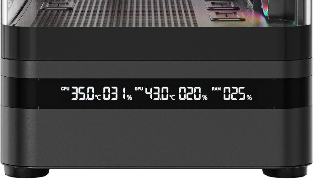 Obudowa MODECOM Volcano AQ 200 ARGB Midi Zbliżenie na wąski wyświetlacz cyfrowy w dolnej części obudowy, prezentujący parametry temperatury i obciążenia procesora, karty graficznej oraz pamięci operacyjnej