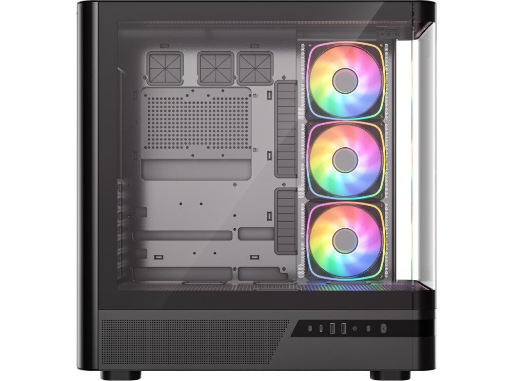 Obudowa MODECOM Volcano AQ 200 ARGB Midi Widok przez boczny szklany panel do wnętrza pustej czarnej obudowy z trzema podświetlonymi wentylatorami zamontowanymi pionowo po prawej stronie