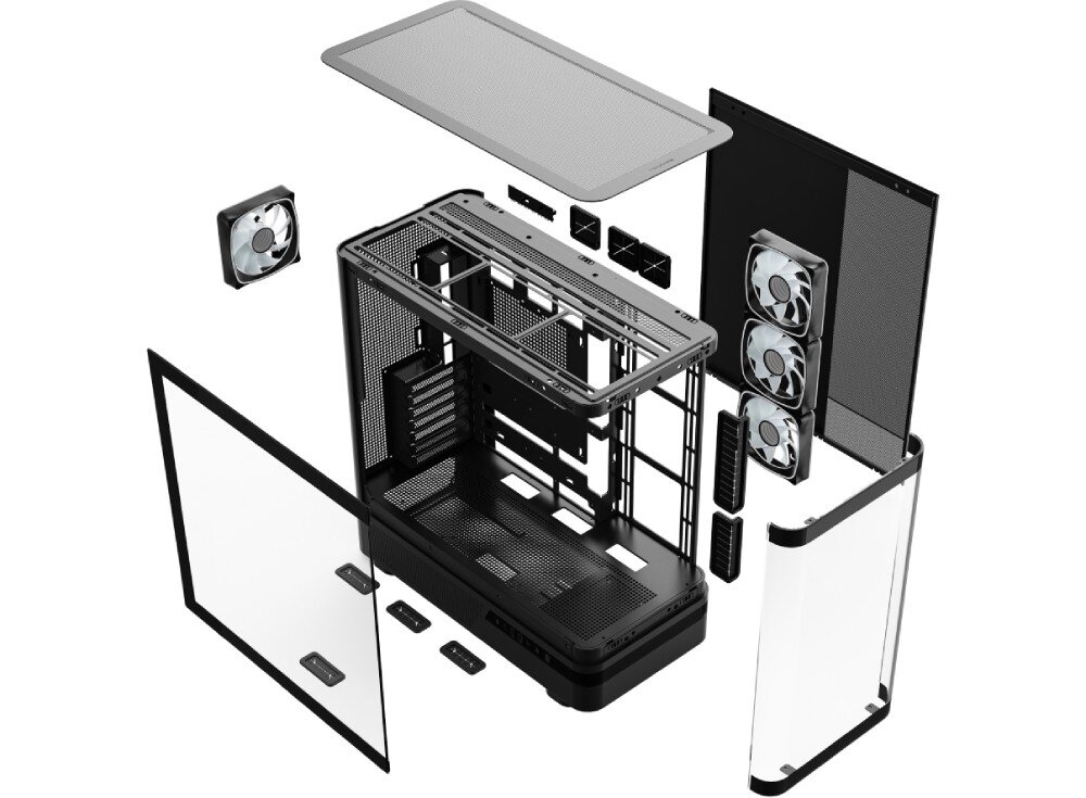 Obudowa MODECOM Volcano AQ 200 ARGB Midi Widok rozłożonej obudowy komputerowej na poszczególne części, w tym szklane panele, metalowy stelaż, wentylatory i filtry przeciwkurzowe