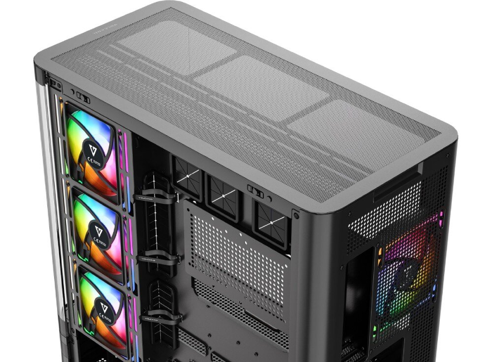 Obudowa MODECOM Volcano AQ 200 ARGB Midi Spojrzenie z góry na obudowę komputerową pokazujące metalową siatkę na górnym panelu oraz system rzepów do organizacji kabli wewnątrz konstrukcji
