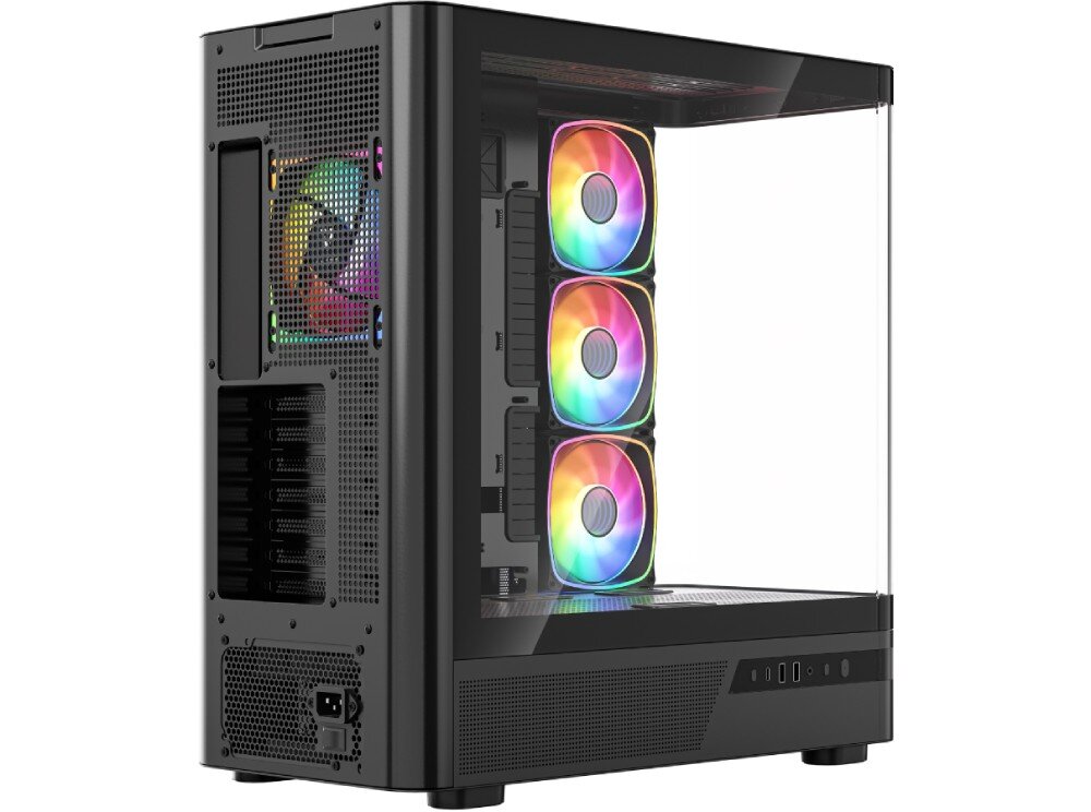 Obudowa MODECOM Volcano AQ 200 ARGB Midi Widok na tył i bok czarnej obudowy komputerowej z perforowaną ścianką, gniazdem zasilania oraz widocznymi przez szkło podświetlonymi wentylatorami