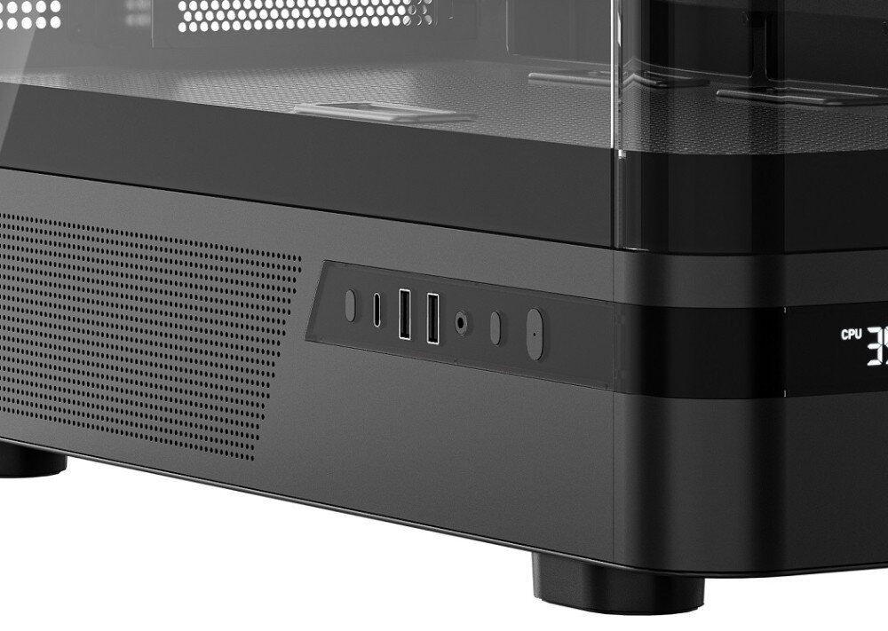 Obudowa MODECOM Volcano AQ 200 ARGB Midi Zbliżenie na panel portów wejścia i wyjścia znajdujący się na dolnej części obudowy, zawierający gniazda USB, USB typu C oraz złącze audio