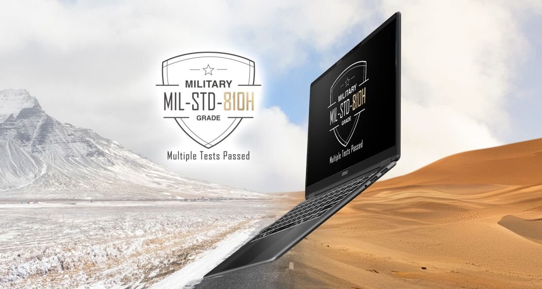 Laptop MSI Prestige z certyfikatem MIL‑STD‑810H jest pokazany na tle pustyni i gór, sugerując mobilną pracę - Zwiększona trwałość  