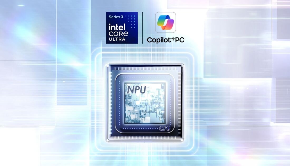 Grafika procesora Intel Core Ultra z NPU i technologią Copilot+PC na futurystycznym niebieskim tle - Intel Core Ultra Pamięć RAM LPDDR5X Dysk SSD PCIe NVMe 4.0 