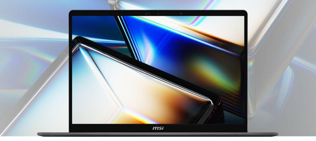 Laptop MSI Prestige z przodu pokazujący czarne ramki ekranu i logo MSI na dolnej krawędzi -  14-calowy panel OLED 