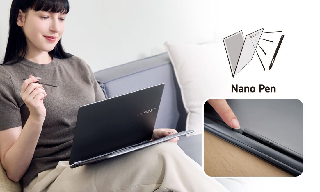 Kobieta pracuje na laptopie MSI Prestige z Windows Hello i Webcam Shutter w jasnym salonie domowym - Windows Hello