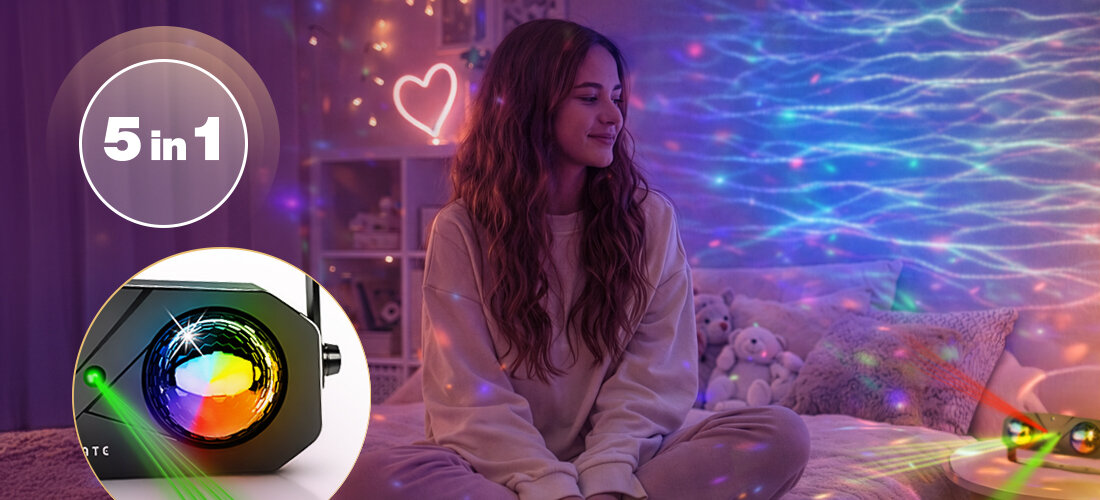 Multiefekt dyskotekowy MUSICMATE MM-DB400 BeamXtreme pięć efektów świetlnych LED RGB Ocean Light, urządzenie stojące na stoliku nocnym, osoba siedząca po turecku na łóżku