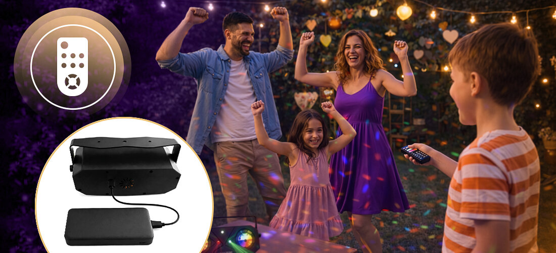 Multiefekt dyskotekowy MUSICMATE MM-DB400 BeamXtreme tryb muzyczny mikrofon reakcja na dźwięk, osoby tańczące w rytm muzyki w plenerze