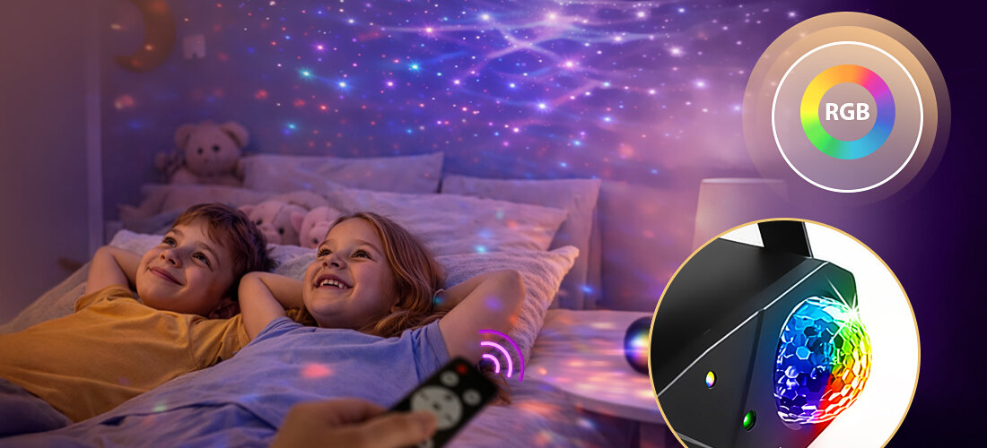 Multiefekt dyskotekowy MUSICMATE MM-DB400 BeamXtreme pilot zdalny uchwyt montażowy USB, dzieci leżące w łóżku