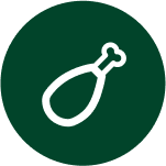 Ikona przedstawia biały symbol udka kurczaka na ciemnozielonym okrągłym tle.