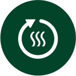 Ikona przedstawia biały symbol strzałki i trzy faliste linie na ciemnozielonym tle, sugerujące cyrkulację powietrza.