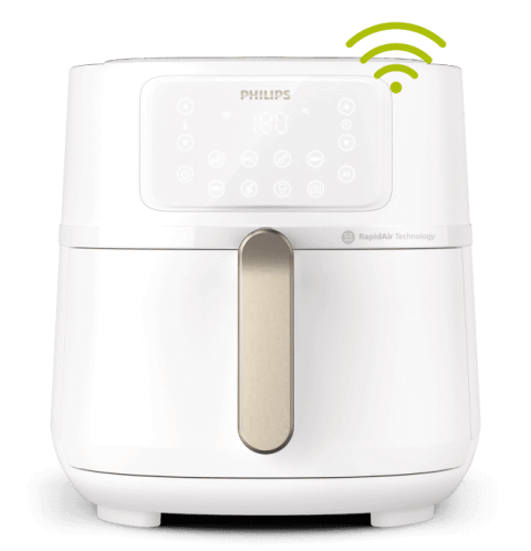 Biała frytkownica beztłuszczowa z panelem dotykowym i logo PHILIPS na górze. Obok panelu widoczna jest ikona sygnału Wi-Fi.