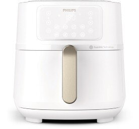 Biała frytkownica beztłuszczowa z panelem dotykowym na górze, na którym widoczne jest logo PHILIPS. Urządzenie ma złoty uchwyt z przodu.