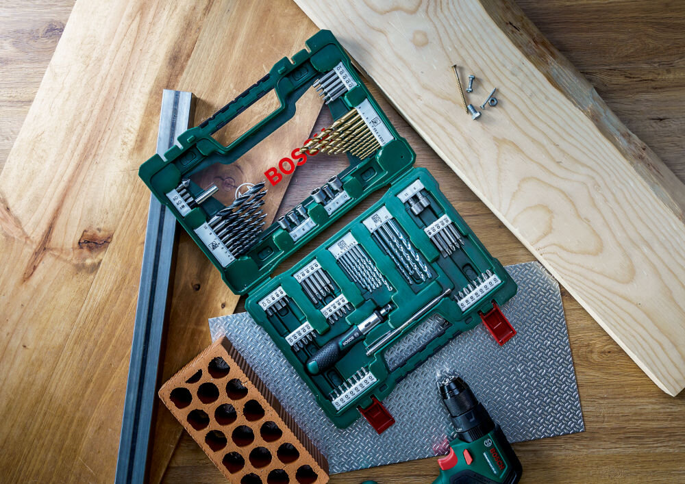 Zestaw wierteł i bitów BOSCH V-Line Titanium (91 elementów)  sztuki wiertła TiN do metalu, wiertła do drewna i muru w walizce z piktogramami