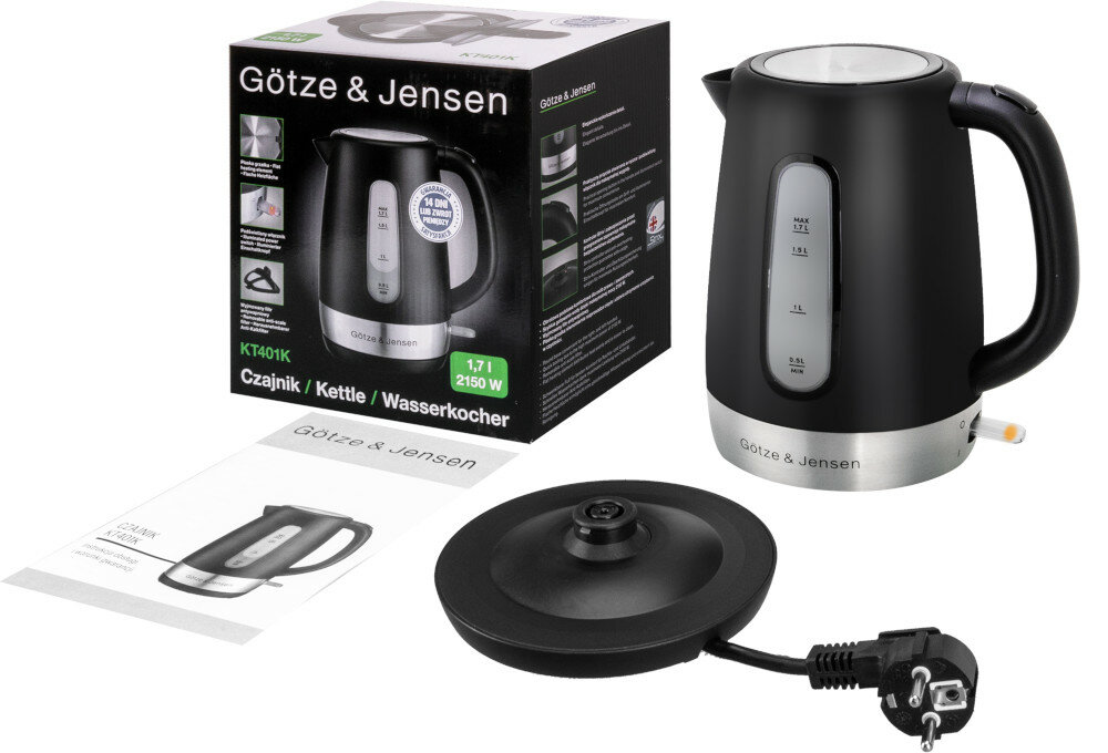 Czajnik GÖTZE & JENSEN KT401K Czarny 2200W pojemność 1,7L filtr antywapienny zestaw zawartosc opakowania