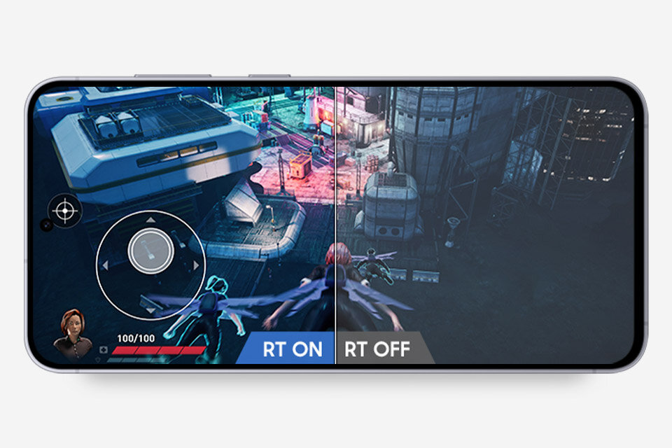 Na ekranie smartfona wyświetlana jest gra wideo w widoku podzielonym: „RT ON” po lewej stronie, który jest jaśniejszy i bardziej kolorowy, oraz „RT OFF” po prawej stronie, który jest ciemniejszy i mniej szczegółowy. Na ekranie smartfona wyświetlana jest gra wideo w widoku podzielonym: „RT ON” po lewej stronie, który jest jaśniejszy i bardziej kolorowy, oraz „RT OFF” po prawej stronie, który jest ciemniejszy i mniej szczegółowy.