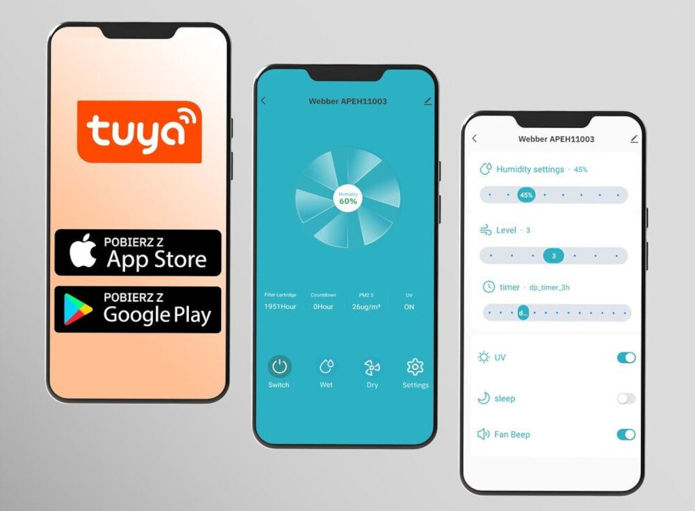 Oczyszczacz powietrza WEBBER Roseg AP8550 WiFi Zdalne sterowanie Wi-Fi Łączność Wi-Fi i obsługa aplikacji Smart Life Tuya kontrola jakość powietrza