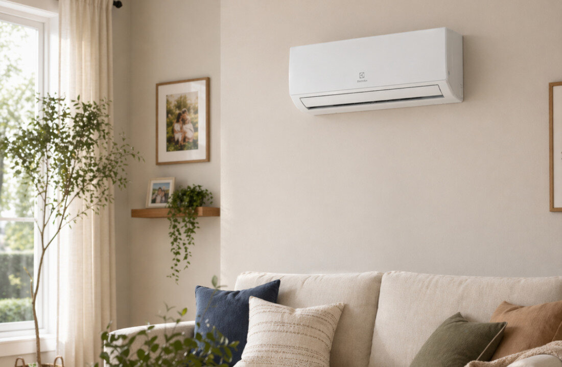 Klimatyzator Split, Pompa ciepła powietrze - powietrze ELECTROLUX Hell 4D AirFlow EACS/I-12HEL/N8 EEC Stabilna temperatura pracy Technologia inwerterowapracuje w trybie ciągłym komfort niezależnie od pory dnia czy pogody zdjęcie lifestyle prezentacja w salonie ukosem