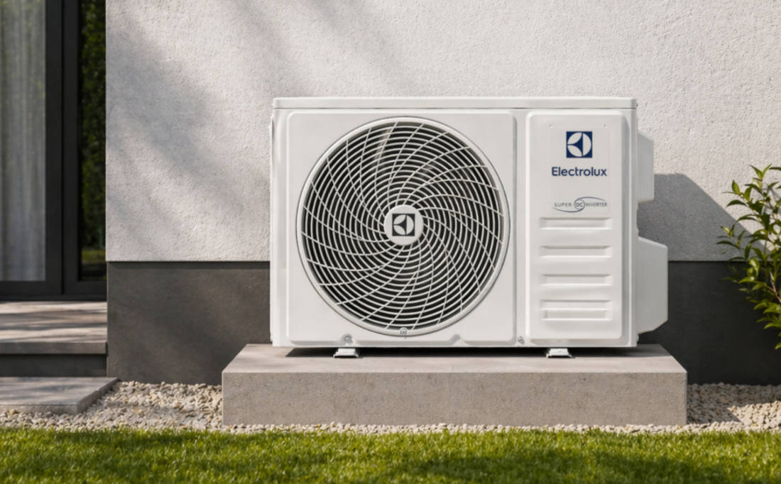 Klimatyzator Split, Pompa ciepła powietrze - powietrze ELECTROLUX Hell 4D AirFlow EACS/I-12HEL/N8 EEC Cicha praca zdjęcie lifestyle na zewnątrz na tle domu Poziom hałasu jednostki wewnętrznej od 22 dB (maks. 40 dB) 50 dB dla jednostki zewnętrznej 