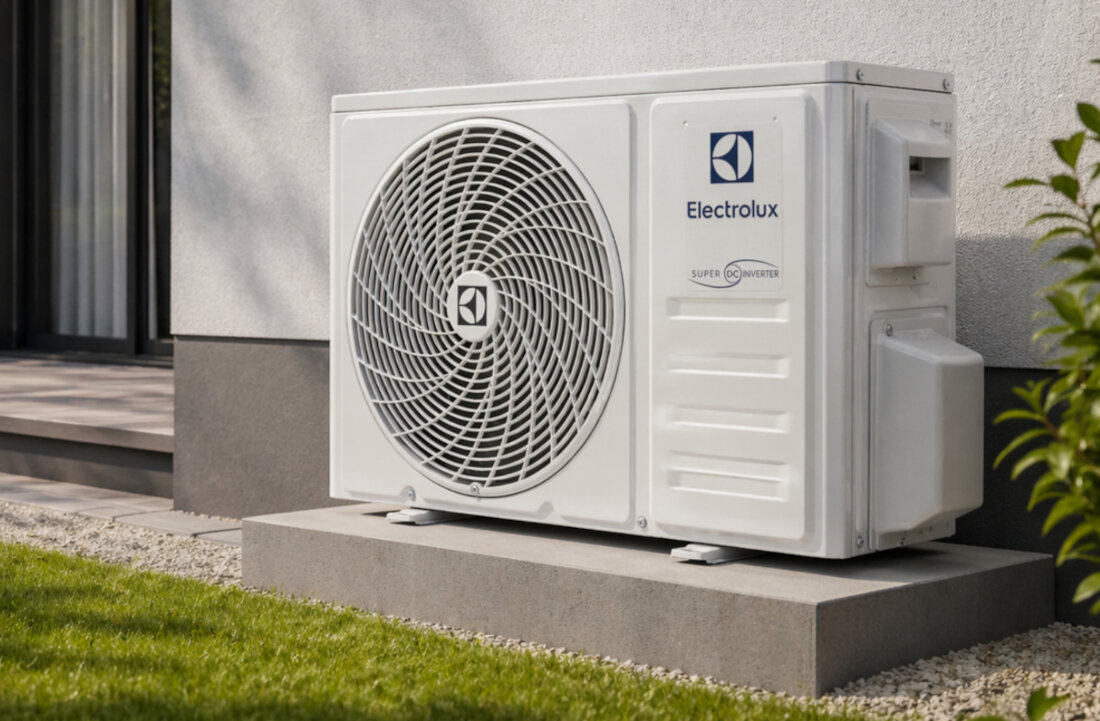 Klimatyzator Split, Pompa ciepła powietrze - powietrze ELECTROLUX Hell 4D AirFlow EACS/I-18HEL/N8 EEC z usługą montażu wymiary waga Pilot z czytelnym wyświetlaczem Wygodne wymiary i obsługa zdjęcie lifestyle na zewnątrz na tle domu ukosem