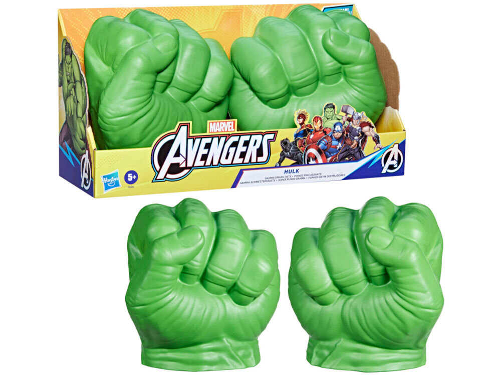 Rękawice HASBRO Marvel Avengers Gamma Smash Pięści Hulka F93325L0 Zdjęcie zestawu rękawic Hulka obok oryginalnego opakowania Marvel Avengers od Hasbro. Pudełko z grafiką Hulka informuje o funkcji Gamma Grip, pozwalającej na chwytanie. W rogu widoczne logo Marvel, Hasbro oraz oznaczenie wieku 4+.